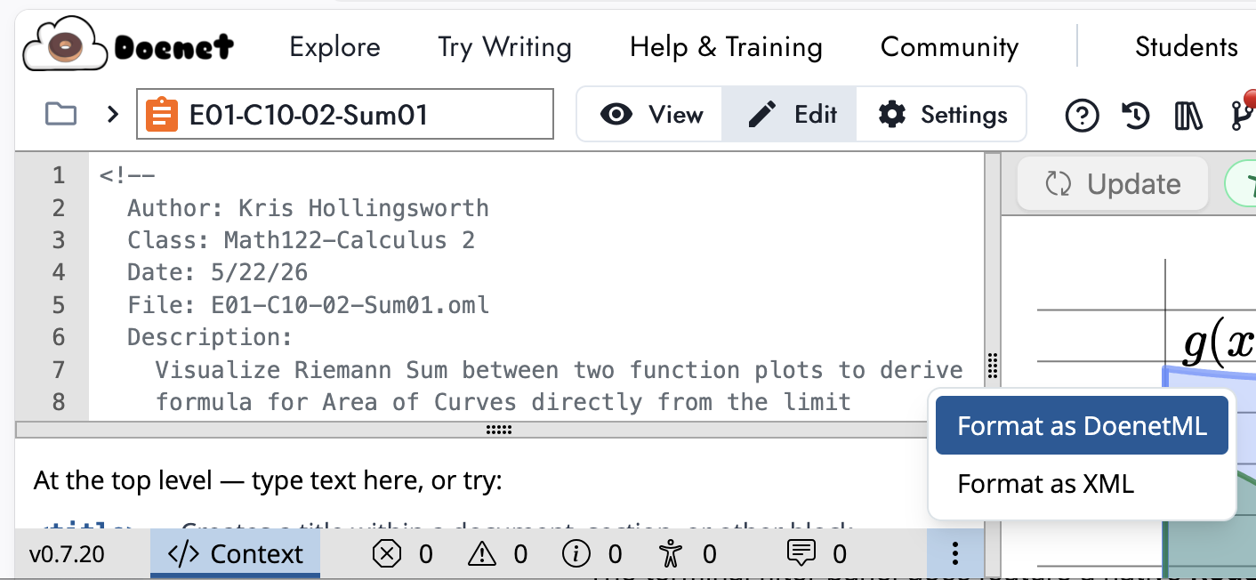 Screenshot showing the location of the footer-menu-button on the Doenet web interface.