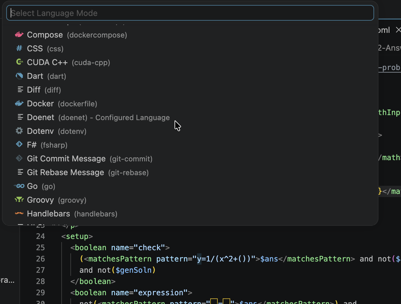 Image showing the "doenet" language option in the configuration menu.